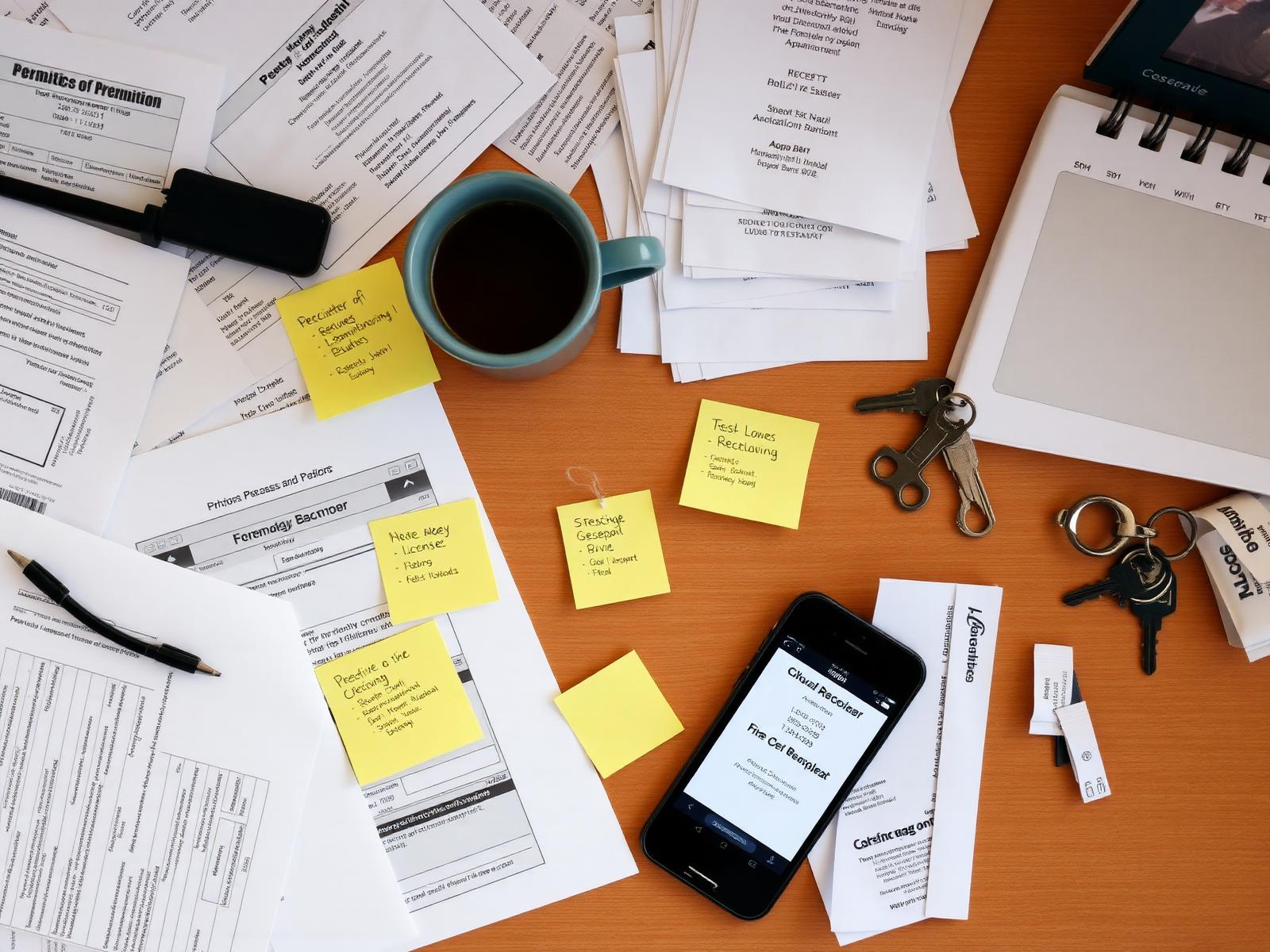 A store operator's desk buried in permits, receipts, and sticky notes