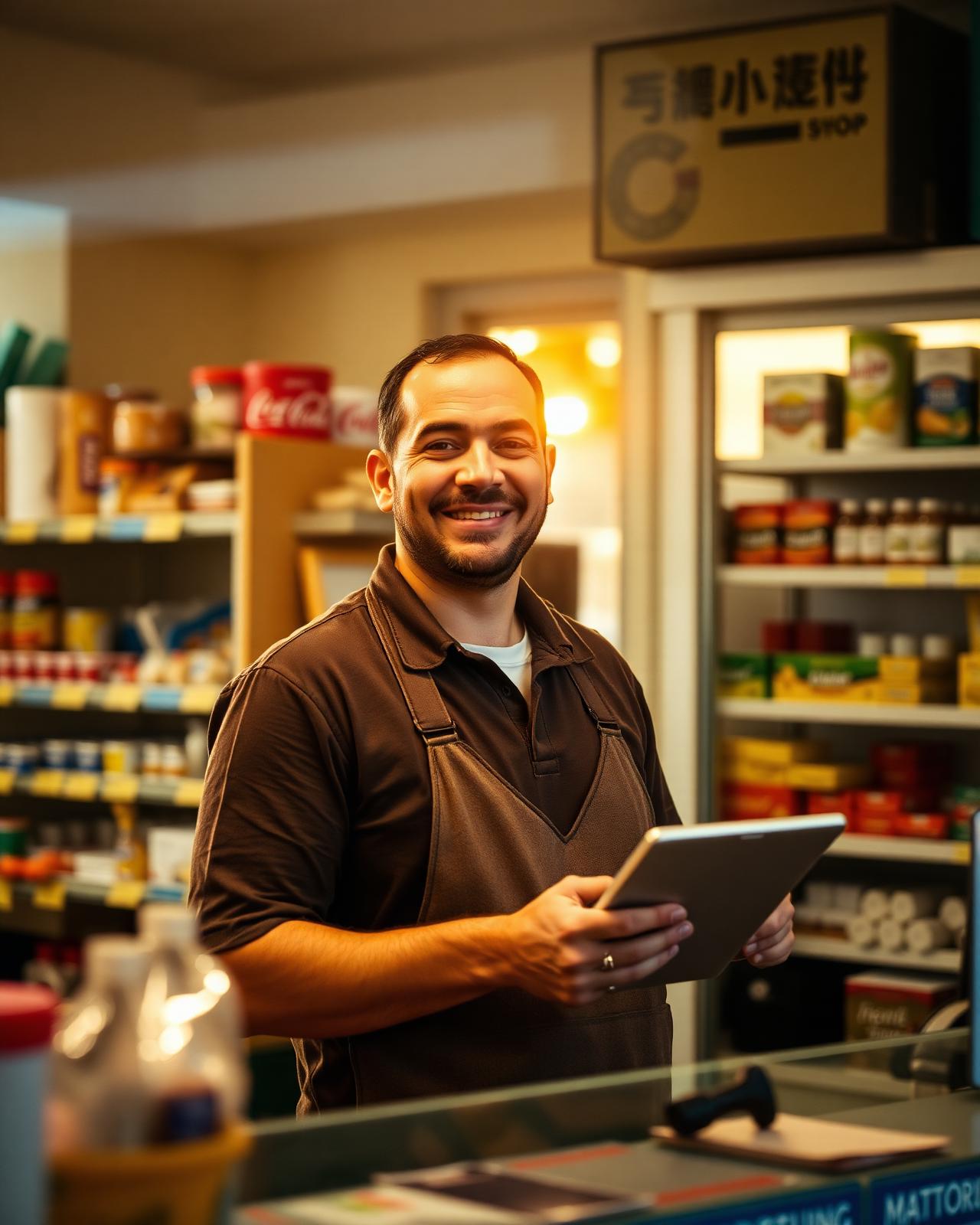 Convenience store operator smiling behind the counter