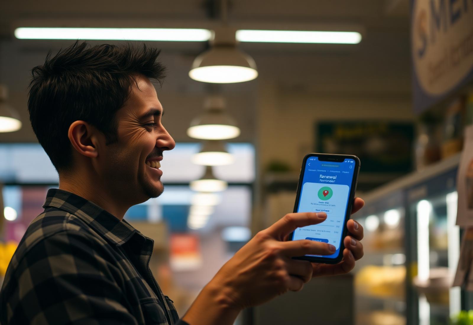 Store owner smiling while checking a renewal reminder on their phone